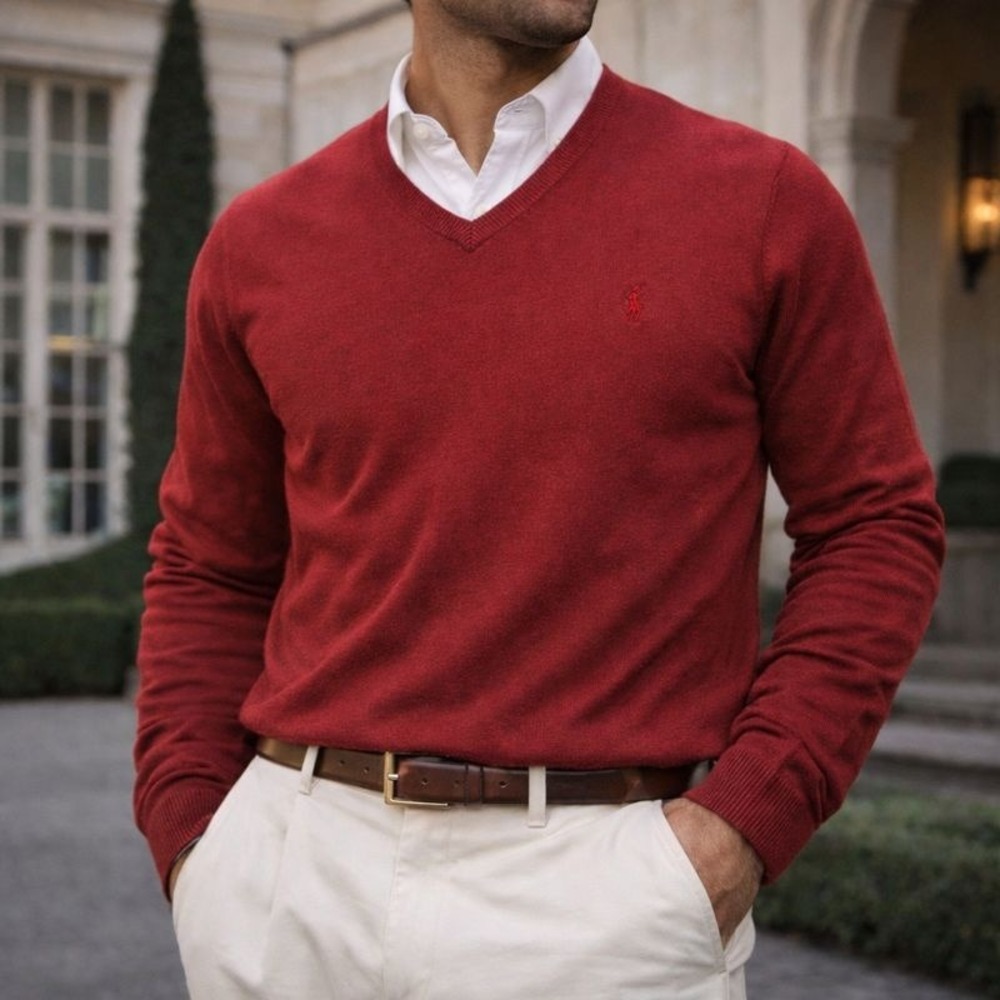 Polo Ralph Lauren Washable Merino Wool Sweater Men's XL Red V Neck Pullover Pony